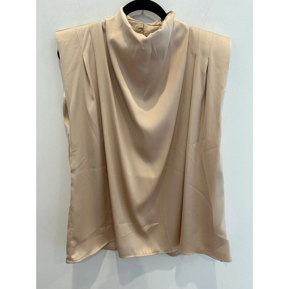 Entro Champagne Beige Padded Shoulder Cowl Neck Satin Blouse Top T16895 L NEW